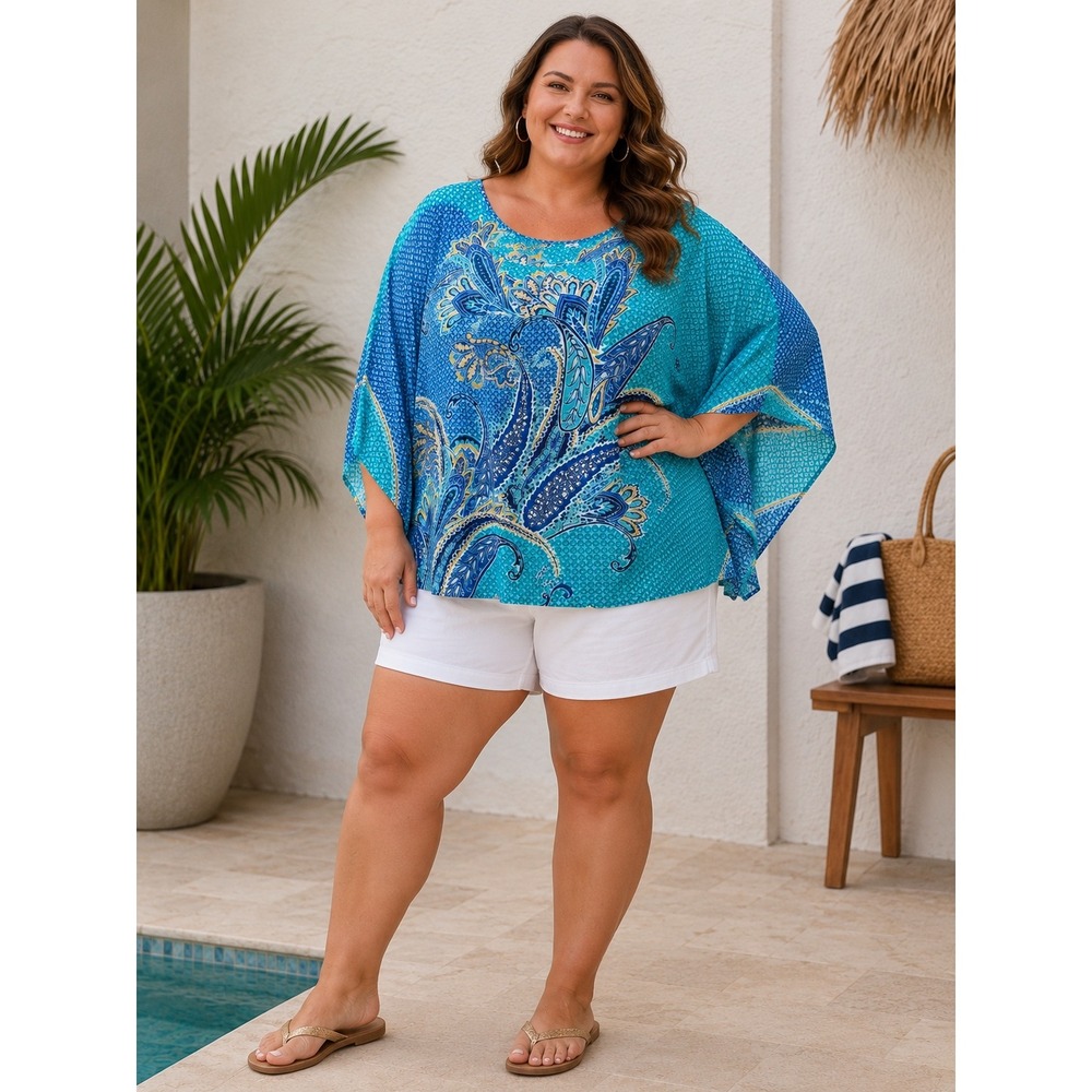 Bob Mackie Wearable Art Blue Paisley Kaftan Blouse Plus Size 3X Kimono Top